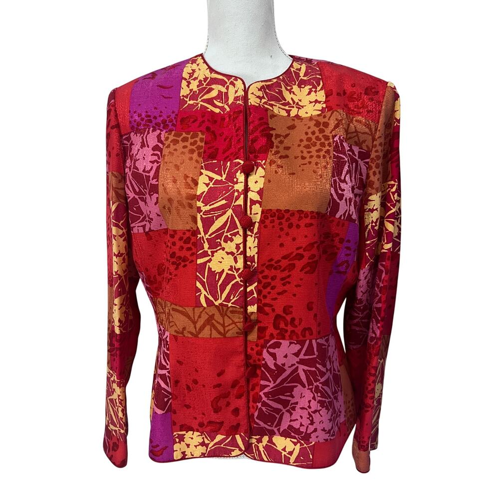 Adrianna Pappel Red Floral Silk Kimono Asian Button Up Lined Jacket 12